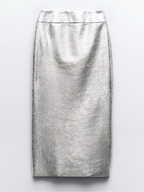 Zara Distressed Metallic Silver Pencil Skirt